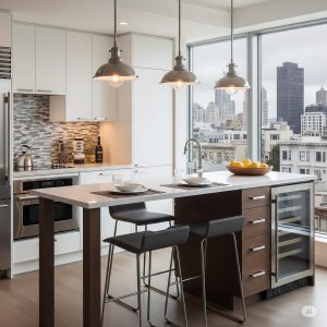 A functional, narrow kitchen island in a modern San Francisco condo, providing extra counter space and seating.