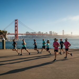Marina District joggers with Golden Gate Bridge view