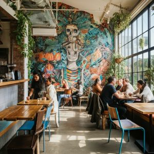 Colorful Mission District mural and outdoor café culture