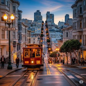 Nob Hill cable car passing historic buildings
