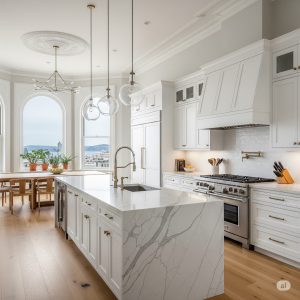 Open-concept kitchen in a San Francisco Victorian home with white shaker cabinets and a marble-look quartz island.
