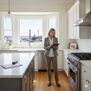 A certified appraiser reviews a kitchen during a home appraisal in San Francisco.